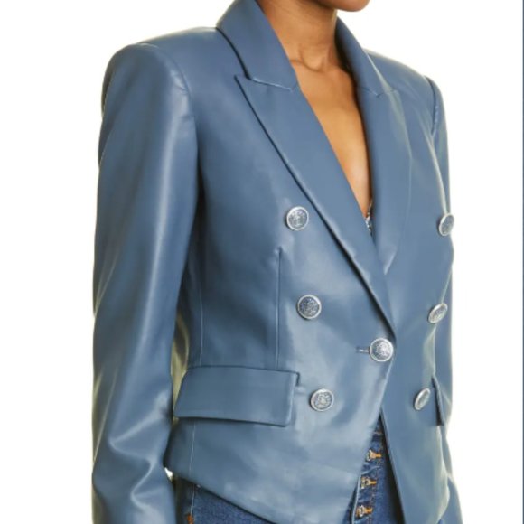VERONICA BEARD COOKE DICKEY MARINE BLUE FAUX LEATHERETTE JACKET BLAZER sz 16 - Picture 3 of 10